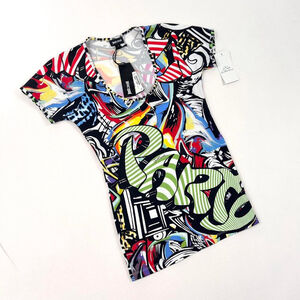 y2k Cavalli multicolor graffiti print short sleeve top